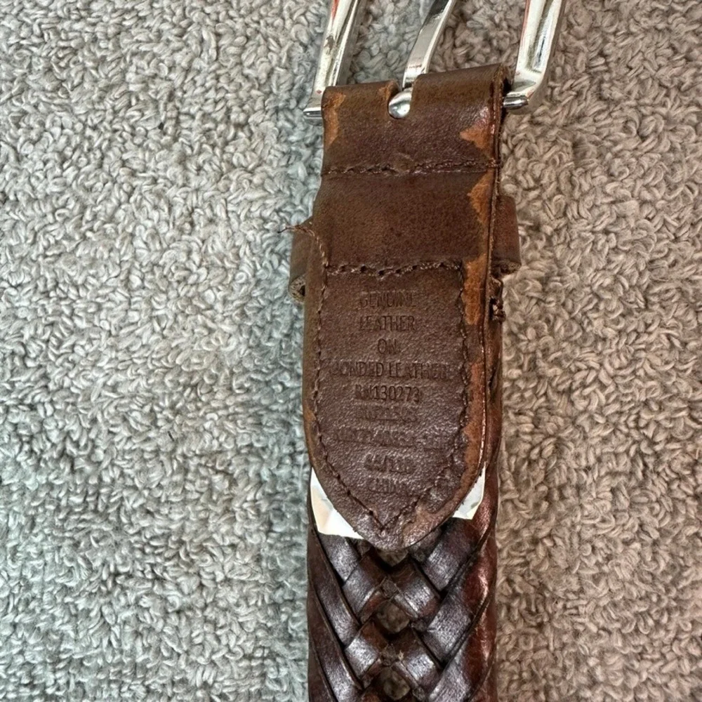 Brown Braided Leather Belt Mens 44 Silver Buckle Woven RN130273 51 Inch